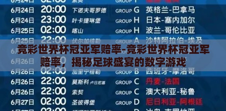 竞彩世界杯冠亚军赔率-竞彩世界杯冠亚军赔率，揭秘足球盛宴的数字游戏